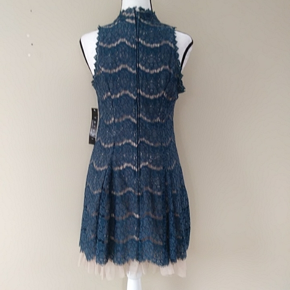 NWT Trixxi Lace Crochet High Neckline Floral Tulle Dress J 9 Blue / Green Cream - Picture 11 of 16